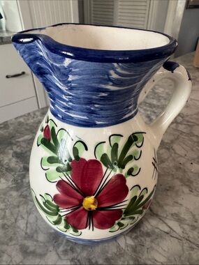 Hand-Painted Floral Ceramic Pitcher - Blue, Red & Green made in Mexico